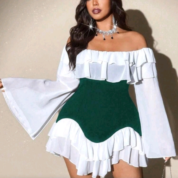 Shein Viva Relle 2XL Women's Elegant Romantic Sexy Green & White Ruffle Dress - Picture 5 of 7